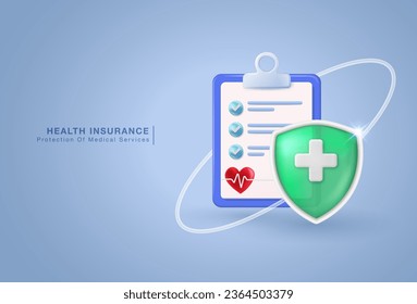 Health insurance concept Clipboard with documents for healthcare, finance, and medical services. 3D vector illustration.