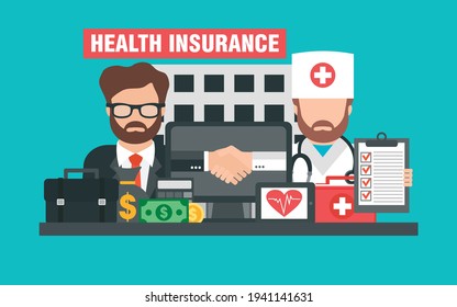 Health insurance concept design flat. Hospital, doctor and insurance manager.Vector illustration