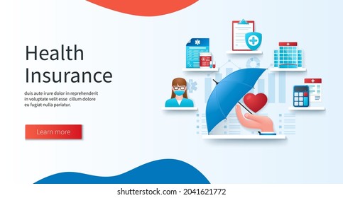 Health insurance concept. Doctor, calculation, guarantee, hospital, medicines icons. Health care and protection banner. Web vector illustrations in 3D style