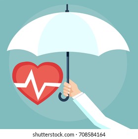 Health insurance concept. Doctor holding an umbrella, protecting the heart. 