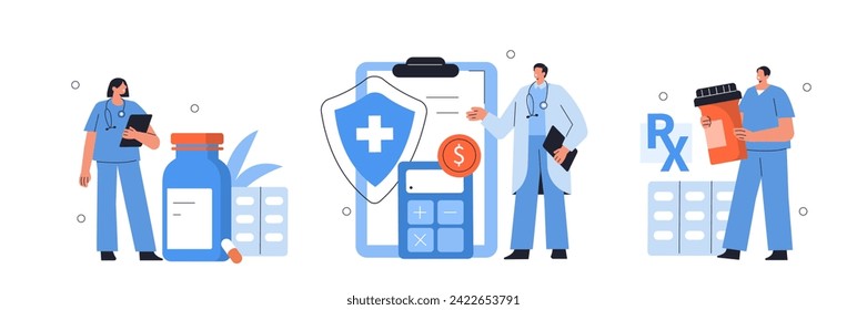 Konzept der Krankenversicherung. Ärzte und Krankenschwestern, die Versicherungsverträge und ärztliche Verschreibung anbieten. Medizin und Gesundheitswesen. Flache Vektorgrafik einzeln auf weißem Hintergrund 