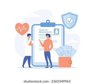 Health insurance concept, doctor and patient with health insurance form. Healthcare, finance and medical service. flat vector modern illustration