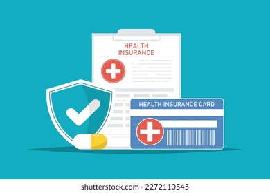 Health insurance concept, Health insurance document with shield, card, capsule on isolated background, Digital marketing illustration.