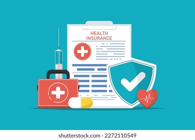 Health insurance concept, Health insurance document with shield, syringe, heart, capsule on isolated background, Digital marketing illustration.