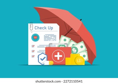 Health insurance concept, Health insurance document under umbrella with coin, money, capsule on isolated background, Digital marketing illustration.