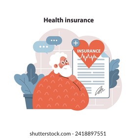 Health insurance concept. Elderly person reviews medical coverage, symbol of care and well-being. Navigating healthcare options for peace of mind. Flat vector illustration.