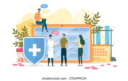 Health Insurance Concept Flat Cartoon Vector Illustration. Large Tablet Screen with Charts and Ticks. Shield with Cross. People Reading Form, Communicating with Doctor. Man Sitting on Gadget.