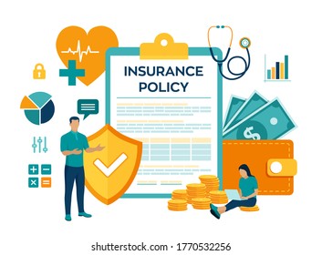 Health Insurance Concept. Healthcare, Finance And Medical Service. Insurance Policy. Protection Health. Care Medical. Colourful Flat Style Vector Illustration With Characters And Icons.