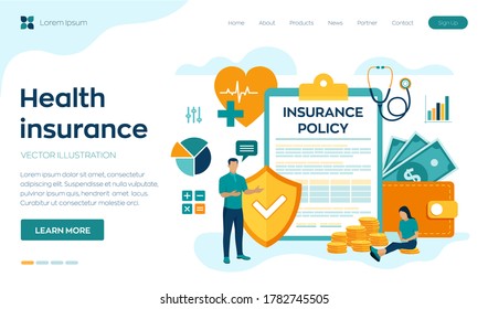 Health insurance concept. Healthcare, finance and medical service. Insurance policy. Protection health. Care medical. Colourful flat style vector illustration with characters and icons.