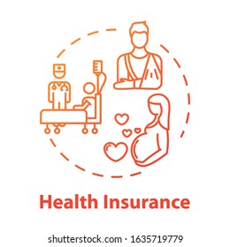 Health insurance concept icon. Patient life protection. Pregnant woman checkup. Injury from accident. Medical assurance idea thin line illustration. Vector isolated outline RGB color drawing