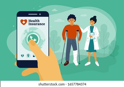Health insurance concept with ill man, medical specialist or nurse. Mobile app with help button. Smartphone with healthcare service in hand. Man with broken leg. Call to hospital. Vector illustration.