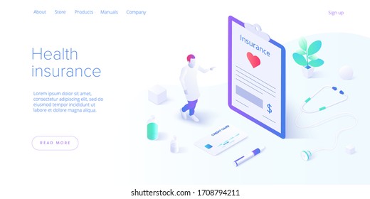 Health insurance concept in isometric vector design. Male doctor or physician insurer with contract form in clipboard. Healthcare or medical plan expenses or finance. Web banner layout template.