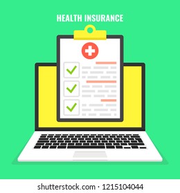 Health insurance concept. Laptop with medical clipboard. Vector illustration.