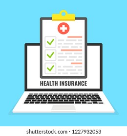 Health insurance concept. Laptop with medical clipboard. Vector illustration.