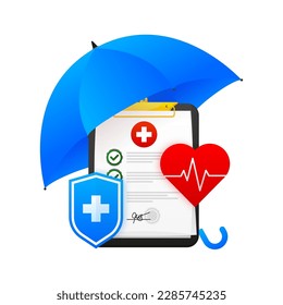 Konzept der Krankenversicherung. Große Zwischenablage mit einem Dokument unter einem Regenschirm. Patientenakte. Gesundheitsfürsorge, Finanzen und medizinische Versorgung. Vektorgrafik.