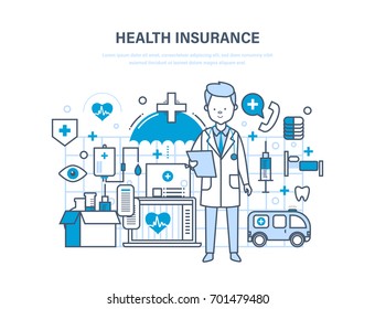 Health insurance concept. Life and accident insurance. Modern medicine, medical care, healthcare, protect and guarantee safety patients, first aid, ambulance. Illustration of vector doodles.