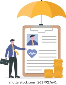 health insurance concept, man analyze about health insurance and doctor under an umbrella with medications and documents.flat vector illustration

