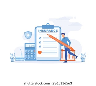 Health insurance concept, Man fills out health insurance form registration,  flat vector modern illustration 