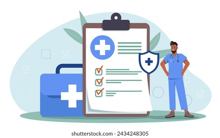 Health insurance concept. Man in medical uniform near notepad. Health care and treatment, medicine. Healthcare worker with first aid kit. Cartoon flat vector illustration isolated on white background