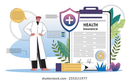 Conceito de seguro de doença. Homem de uniforme médico perto de contrato e acordo. Saúde e medicina, tratamento. Acordo financeiro. Ilustração de vetor plano isolada no plano de fundo branco