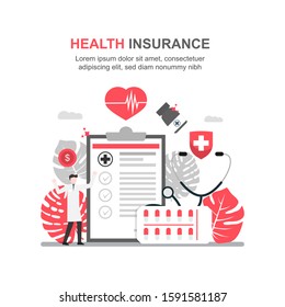 Health insurance concept. Medical research report or contract vector, flat cartoon health or medical record paper. For landing page, internet, printing