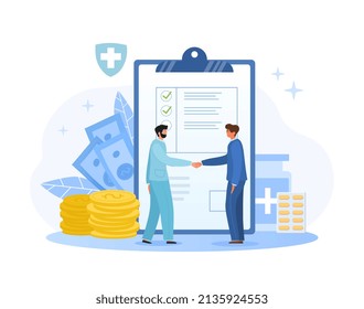 Health insurance concept. Men enter into contract, health care. Mandatory documents, protection and medicine. Poster or banner for website, agent and client. Cartoon flat vector illustration