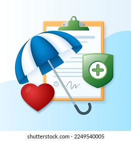 Health Insurance concept. Insurance policy and heart icons. Web vector illustration in 3D style