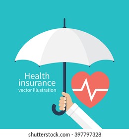 Health insurance concept. Protection health. Care medical. Healthcare concept. Doctor holding an umbrella, protecting the heart. Vector illustration flat design style.