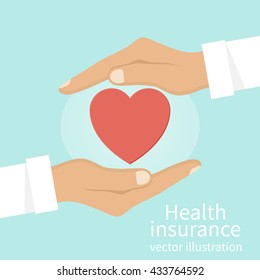 Health insurance concept. Protection health. Care medical. Doctor palms protects the heart. Symbol healthcare. Vector illustration flat design style