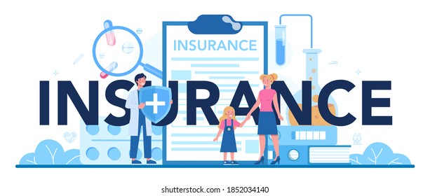 Health insurance concept set. People and doctor standing at the big clipboard with document on it. Healthcare and medical service. Isolated flat vector illustration