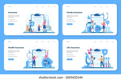 Health insurance concept set. People and doctor standing at the big clipboard with document on it. Healthcare and medical service. Isolated flat vector illustration