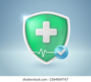 Health insurance concept with shield and pulse symbol. Covers care for patients Health protection. 3D vector illustration.