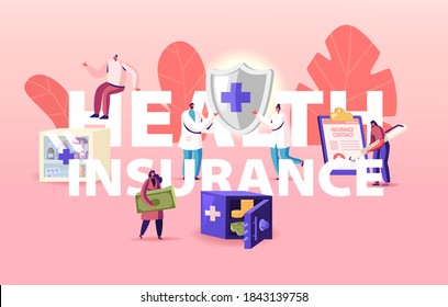 Health Insurance Concept. Tiny Characters Fill Huge Health Policy Document, Doctors Holding Protective Shield with Cross. Medical Protection Poster Banner Flyer Cartoon People Vector Illustration