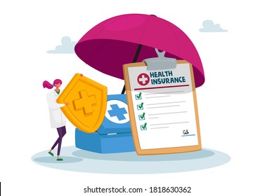 Health Insurance Concept. Tiny Doctor Character Holding Huge Golden Shield with Cross Stand under Umbrella. Life Protection, Secure and Financial Guarantee Contract. Cartoon Vector Illustration