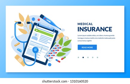 Health insurance concept. Vector flat medical care illustration. Pills, thermometer, stethoscope, and health insurance sheet. Landing page or banner design template for medicine and healthcare themes.