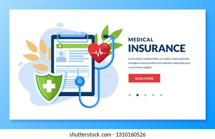 Health insurance concept. Vector flat medical care illustration. Heart, stethoscope, green shield and health insurance sheet. Landing page or banner design template for medicine and healthcare themes.