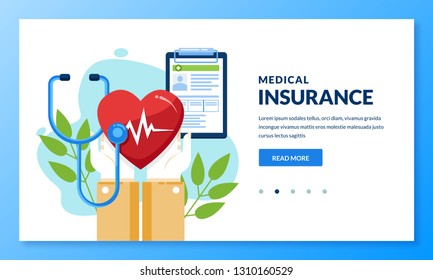 Health insurance concept. Vector flat medical care illustration. Hands holding heart and health insurance sheet. Landing page or banner design template for medicine and healthcare themes.