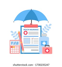 Health insurance concept vector illustration. Medical and financial items in flat design. Design for web, banner, poster. Medical document, medicine, calculator under big umbrella.