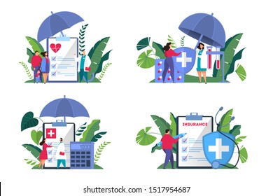 Health insurance concept web banner set. People standing at the big clipboard with document on it. Healthcare and medical service. Isolated flat vector illustration