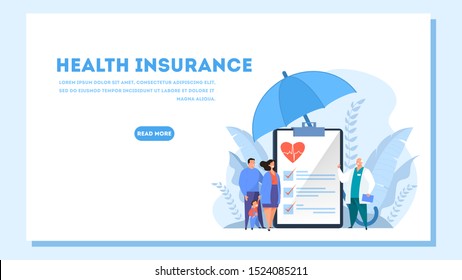 Health insurance concept web banner. People and doctor standing at the big clipboard with document on it. Healthcare and medical service. Isolated flat vector illustration