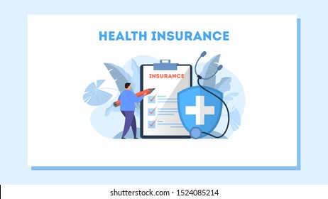 Health insurance concept web banner. Man with pencil standing at the big clipboard with document on it. Healthcare and medical service. Isolated flat vector illustration