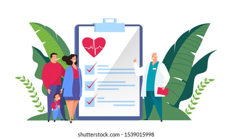Health insurance concept web banner. People and doctor standing at the big clipboard with document on it. Healthcare and medical service. Isolated flat vector illustration
