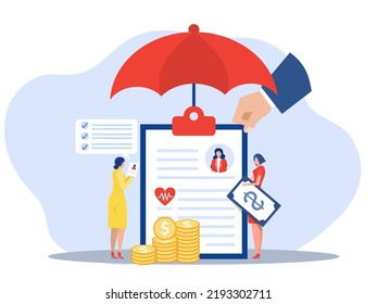 health insurance concept ,Woman analyze about health insurance and doctor under an umbrella with medications and documents.flat vector illustration 