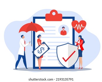 health insurance concept ,Woman offer health insurance and doctor under an umbrella with medications and documents.flat vector illustration 