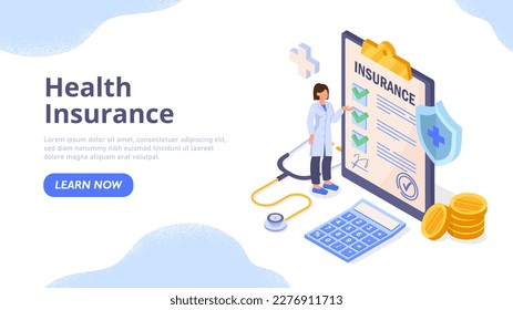 Health insurance concept. Woman with stethoscope stands near document. Doctor makes contract with patient. Diagnosis and prevention. Medical document form. Cartoon isometric vector illustration