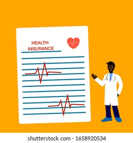 Health insurance concept.Doctor Character stand near Health Insurance Contract.  Big clipboard with document on it under the umbrella. Healthcare, finance and medical service.