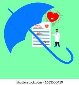 Health insurance concept.Doctor Character stand near Health Insurance Contract.  Big clipboard with document on it under the umbrella. Healthcare, finance and medical service.