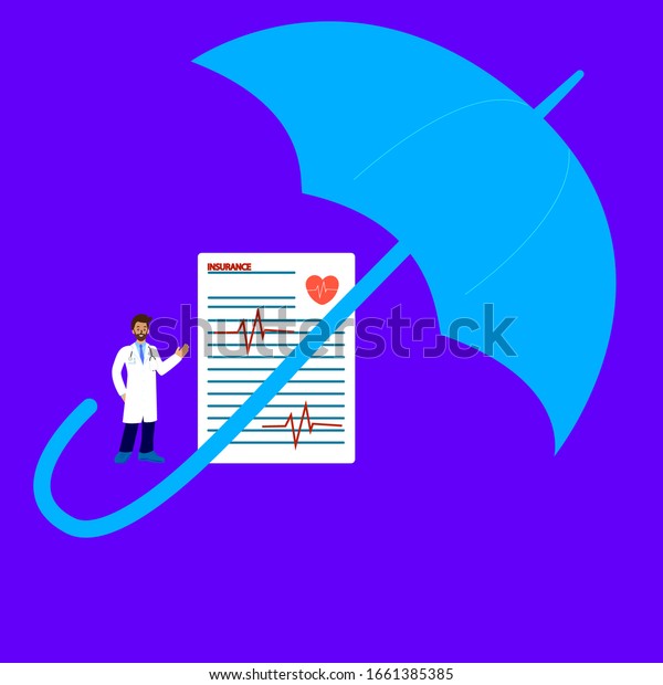 Health insurance\
concept.Doctor Character stand near Health Insurance Contract.  Big\
clipboard with document on it under the umbrella. Healthcare,\
finance and medical\
service.