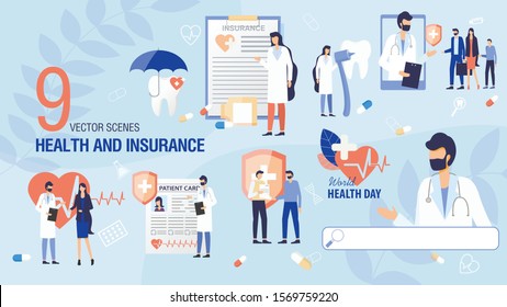 Health Insurance Concepts and Health Day Scenes Trendy Flat Vector Set. Doctors Talking with Patients, Family Online, Medical Expert Consulting Client About Insurance Terms and Conditions Illustration