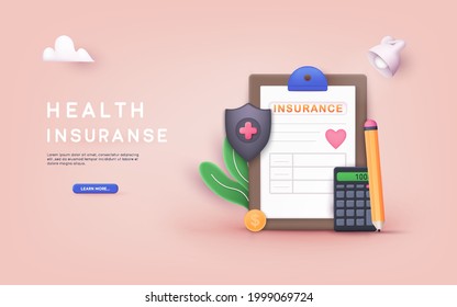 Health Insurance Contract. Health insurance concept. 3D Web Vector Illustrations.